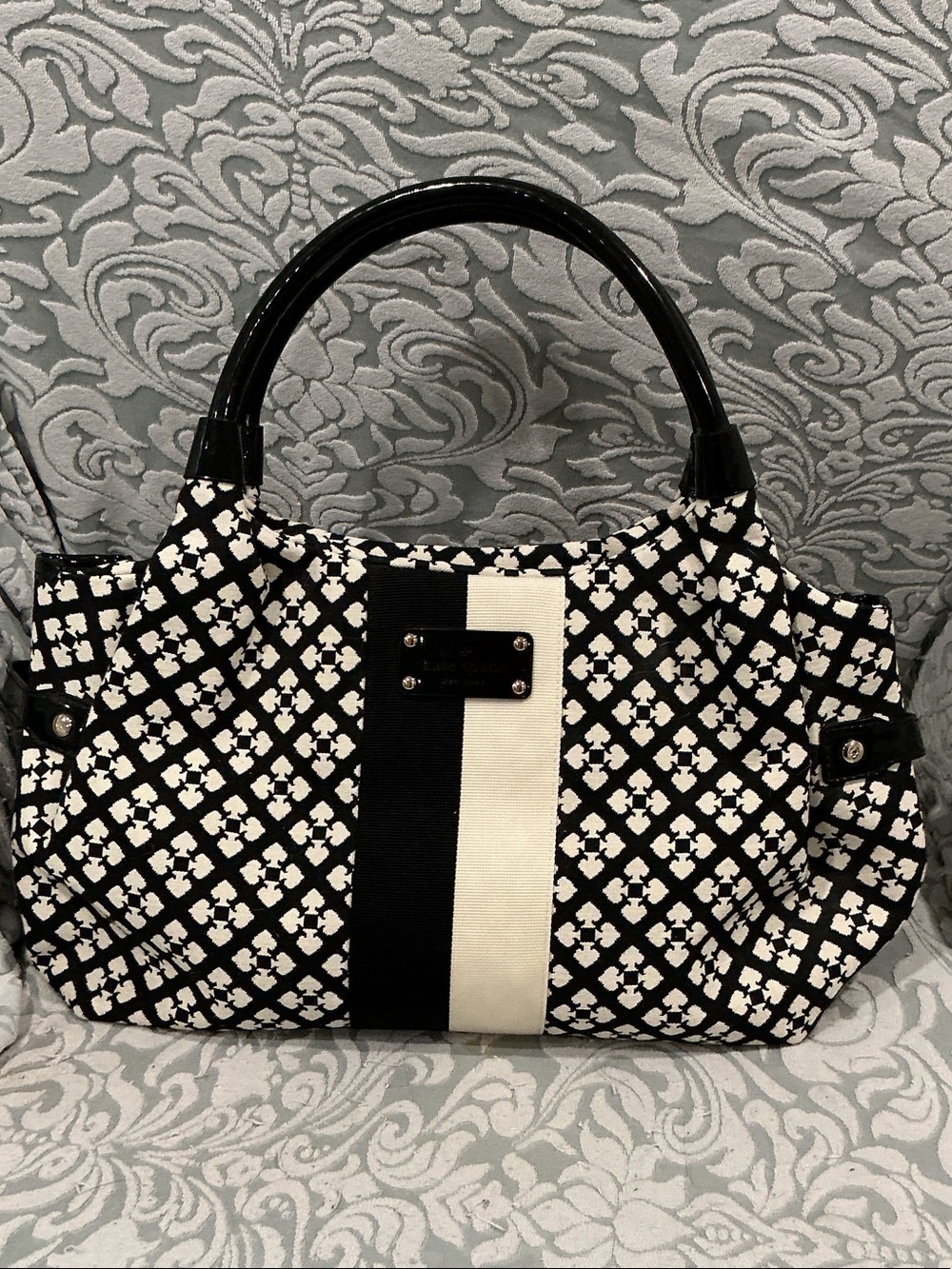 kate spade Black and White Patterned Tote with Center Stripe